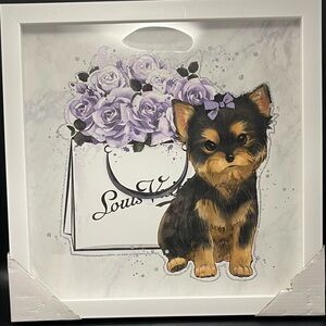 Framed Yorkie Dog Wall Art | Purple Roses Floral Print | Glitter Accents |14×14